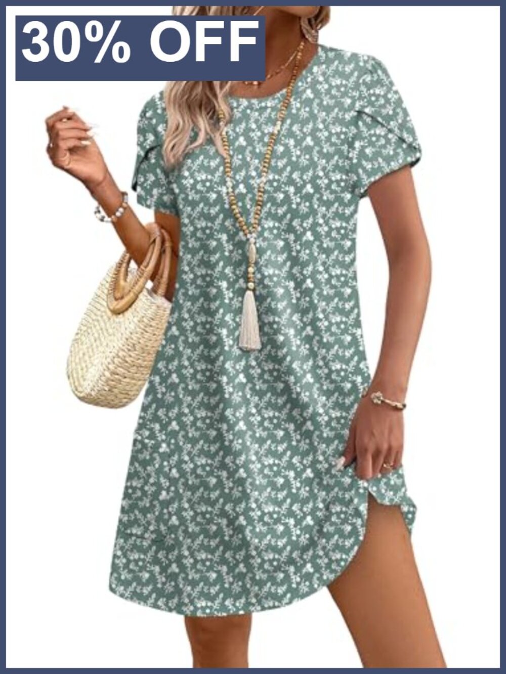 Tulip Petal Short Sleeve Crew Neck Casual Dress with Pockets